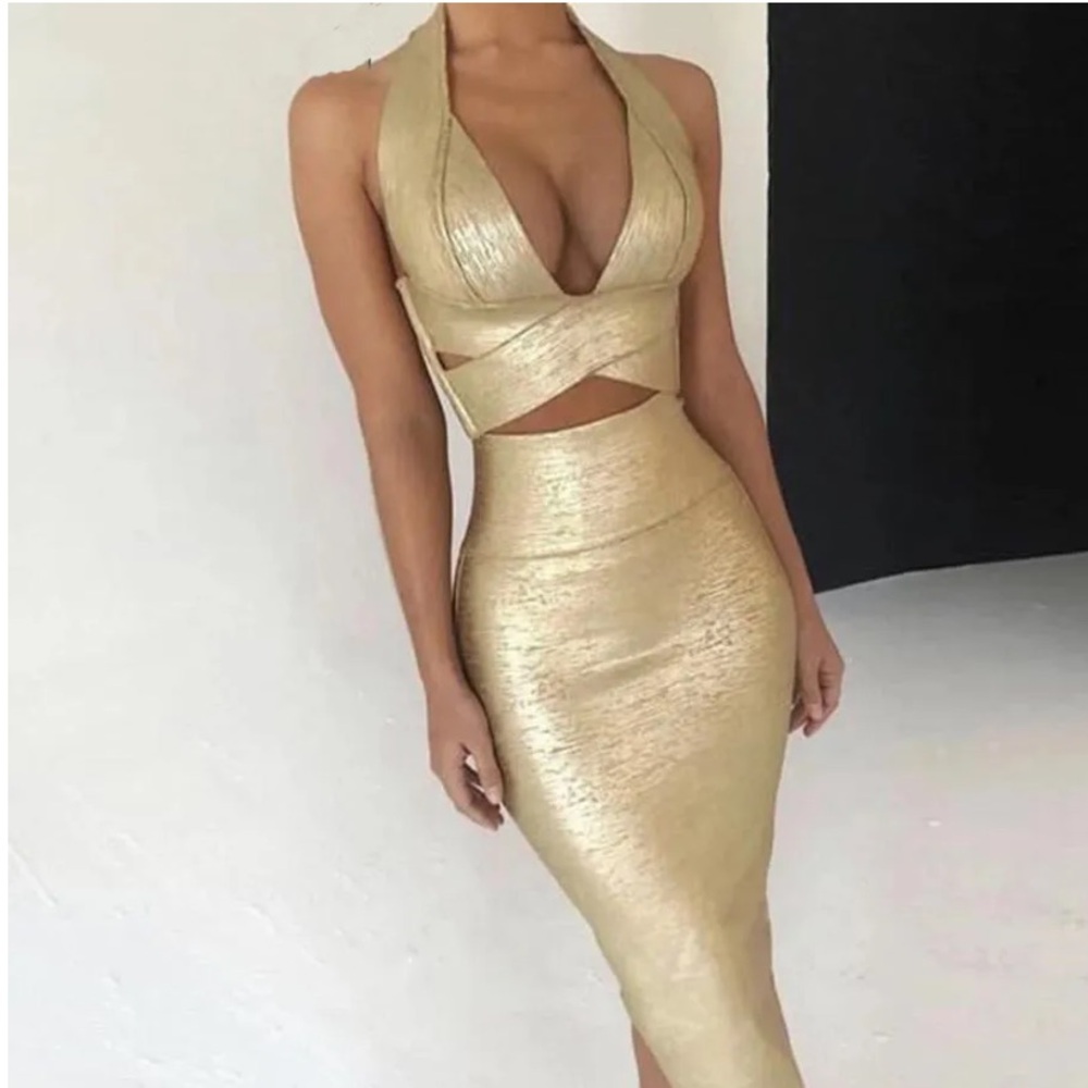 Bella Barnett Gold Two Piece Bodycon Set Halter Top & Midi Skirt Medium NWTS - Picture 4 of 12